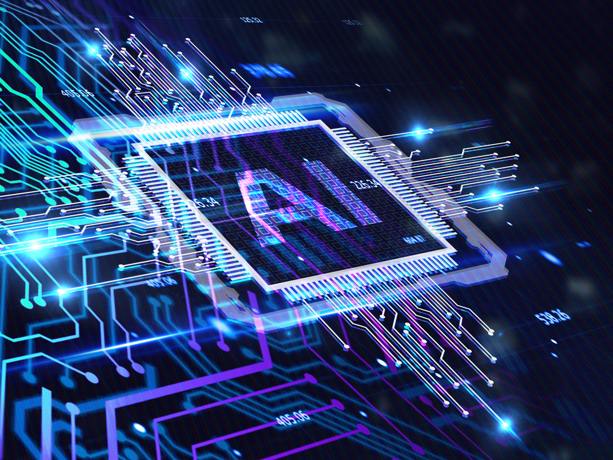 AI microchip with glowing electronic circuit board traces representing Agentic AI and autonomous business communications networks.