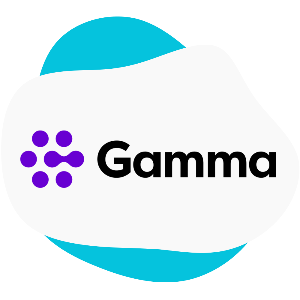 Gamma logo on a white abstract shape with a teal background accent.