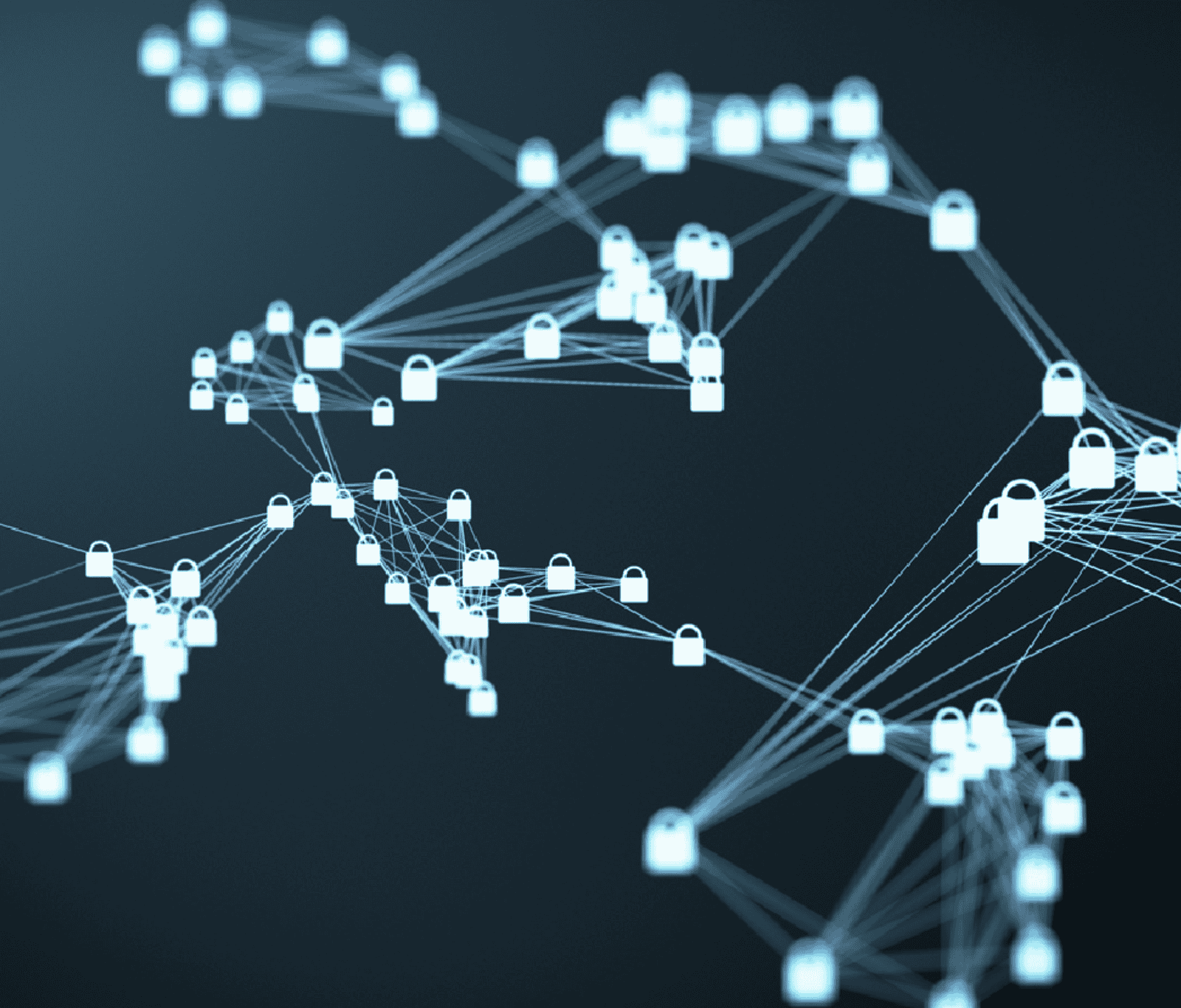 Connected network nodes with padlock icons across a digital map, representing a vulnerability testing enabling protected data sharing and communication within a business environment.