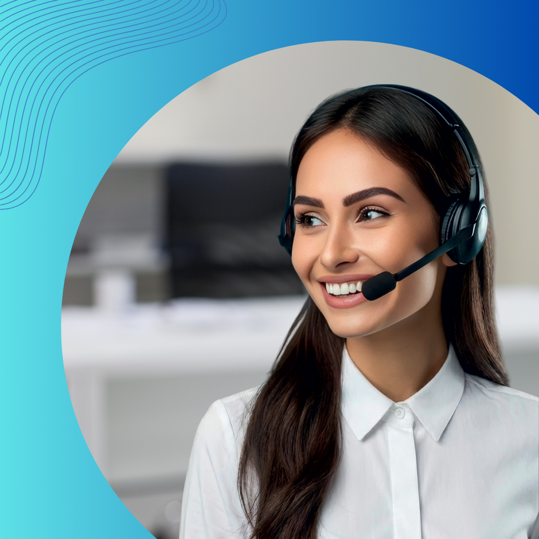 AI receptionist wearing a headset, representing AI agents and automated business call handling.