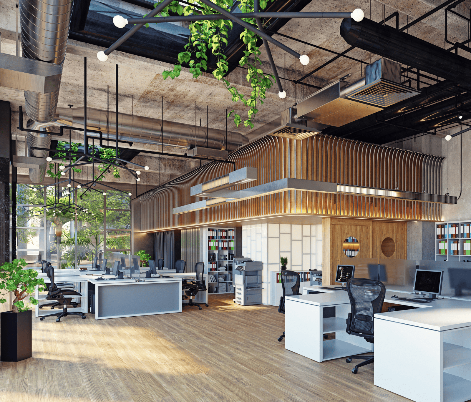 Modern open-plan office with connected workstations and shared infrastructure, representing seamless business connectivity and reliable network access across the workplace.