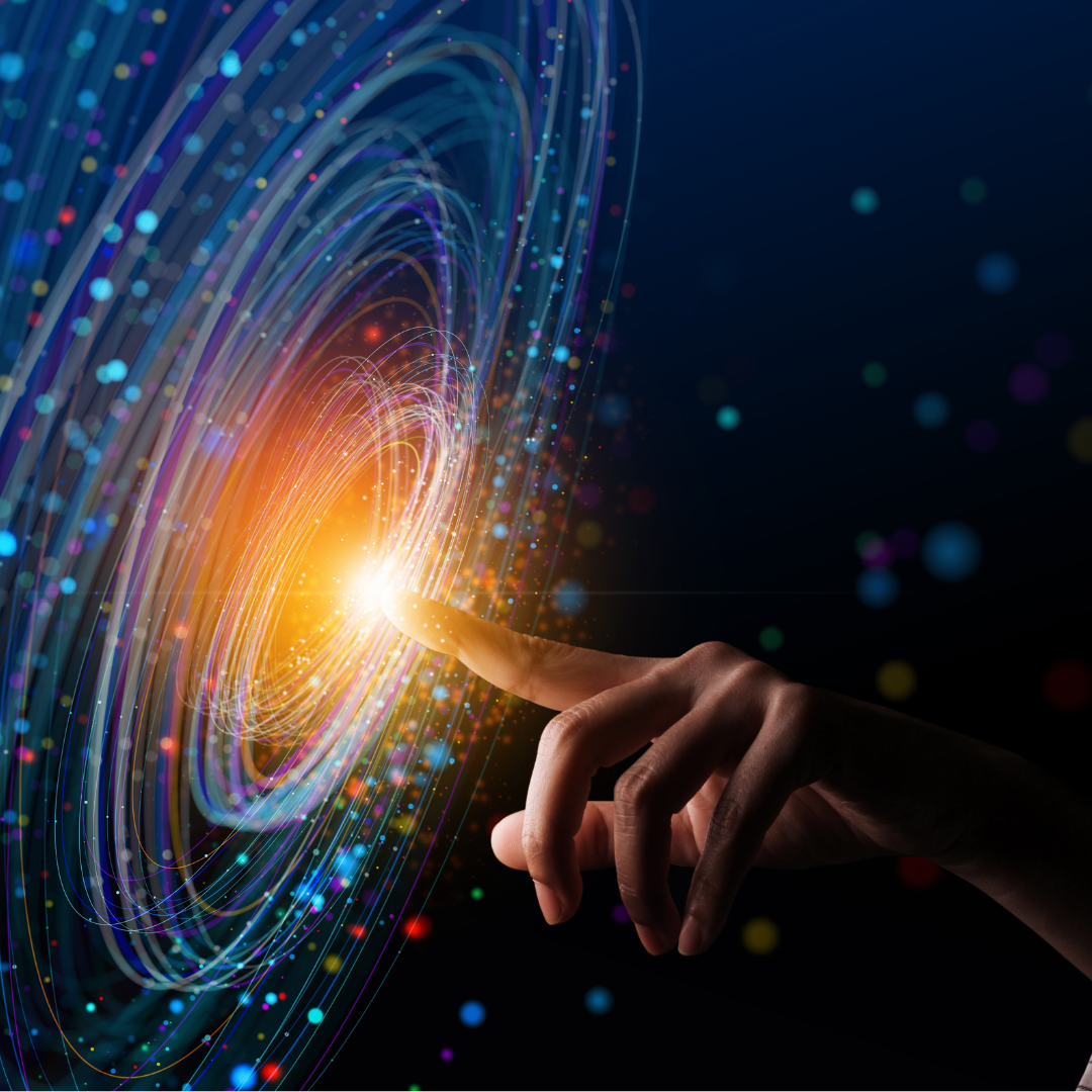 Hand touching a glowing digital interface, representing future technology and digital innovation.