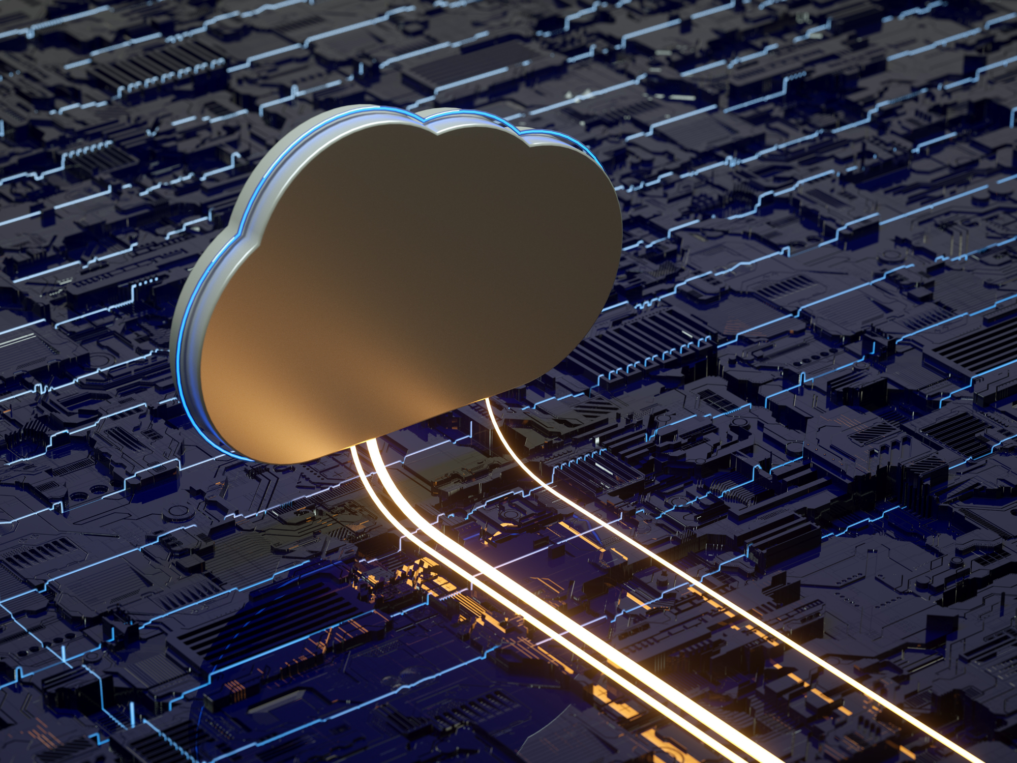 Cloud computing infrastructure showing a cloud network connected to digital business systems