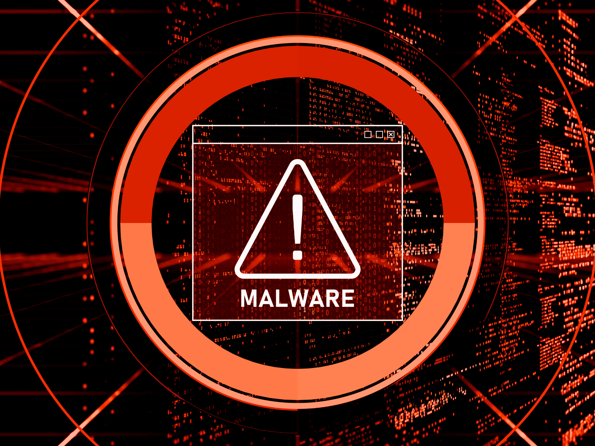 Red cyber security warning graphic showing malware alert on a digital screen
